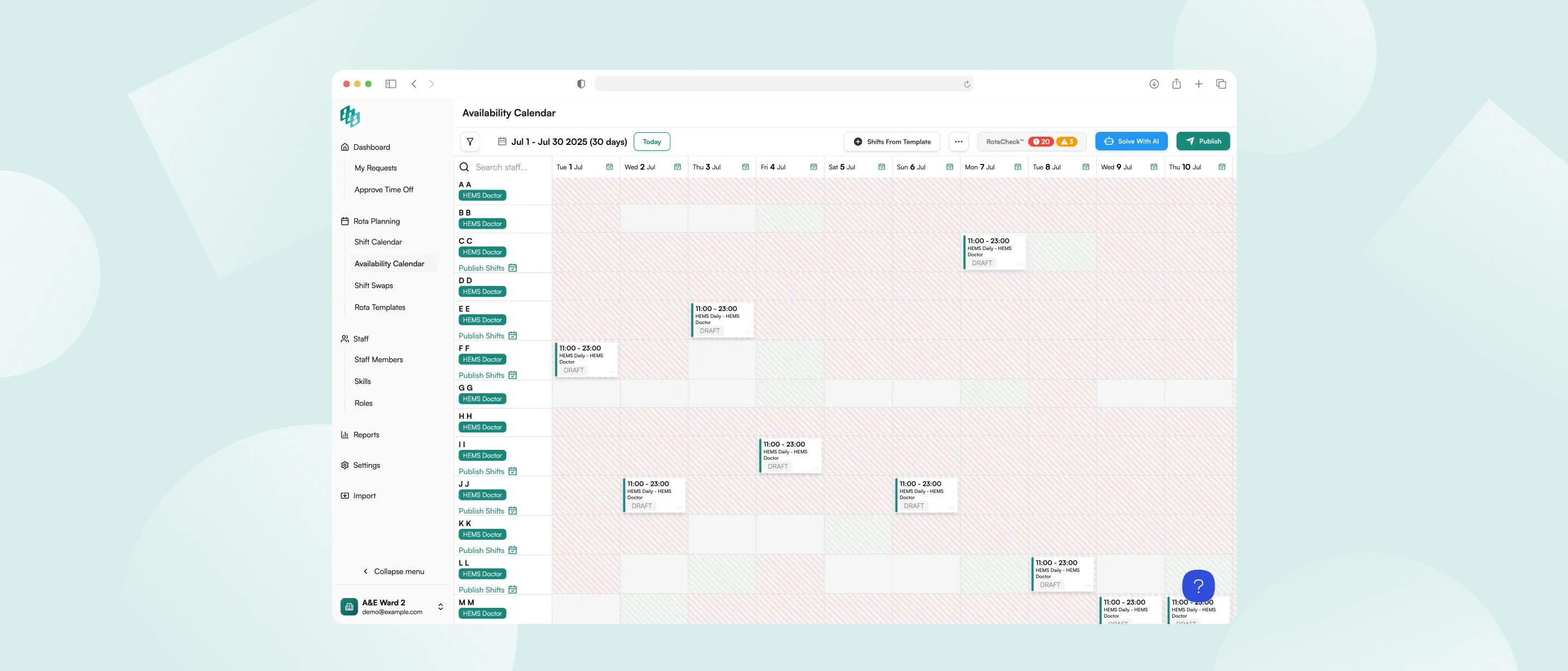 A screenshot of the AI driven rota planning platform for healthcare teams