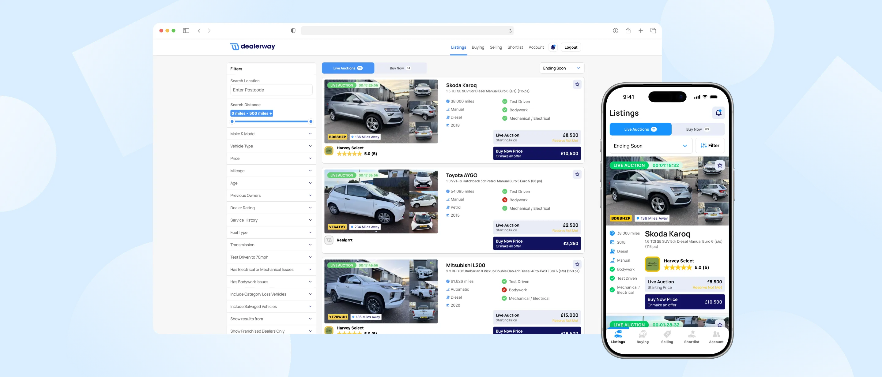 A screenshot of the real time automaotive auction platform on desktop and mobile